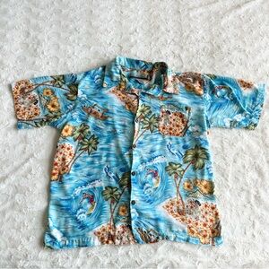 Vintage Ocean Current Hawaiian Shirt Mens Medium Camp Hula Girl Palm Waves Rayon
